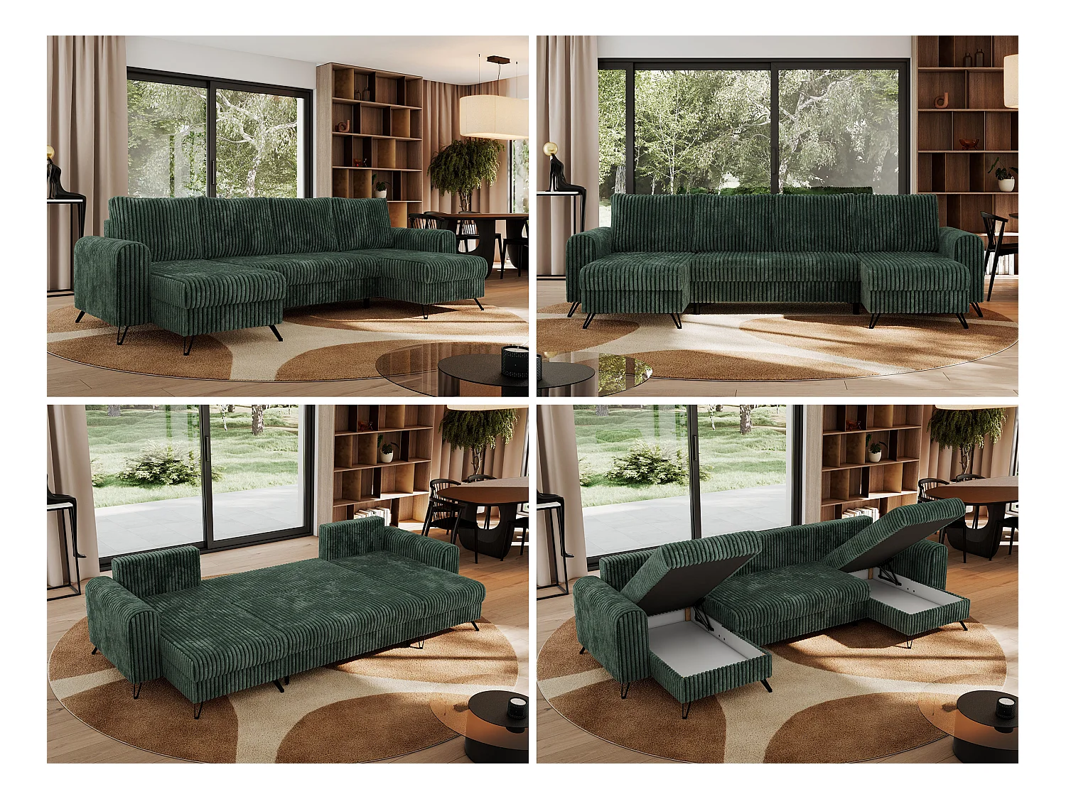 Ecksofa AXEL U, lose kissen, Ecksofa l-förmig, schlaffunktion und Bettkästen - Grün Cord