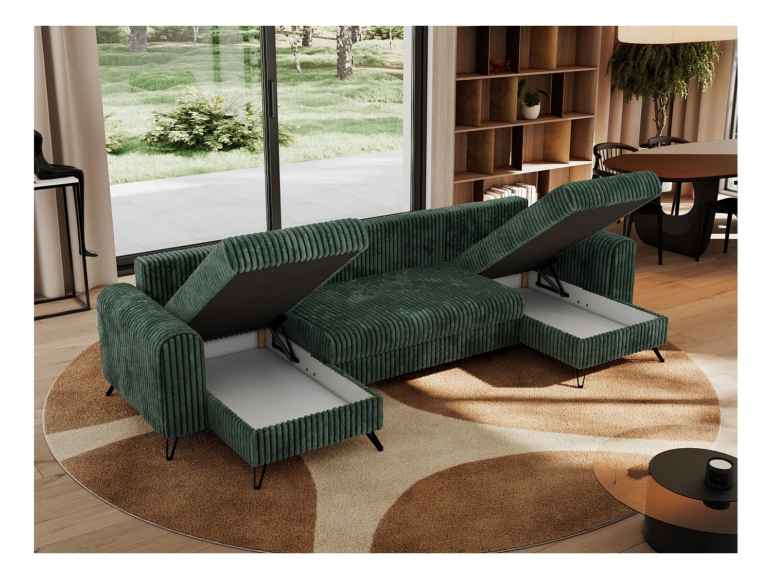 Ecksofa AXEL U, lose kissen, Ecksofa l-förmig, schlaffunktion und Bettkästen - Grün Cord