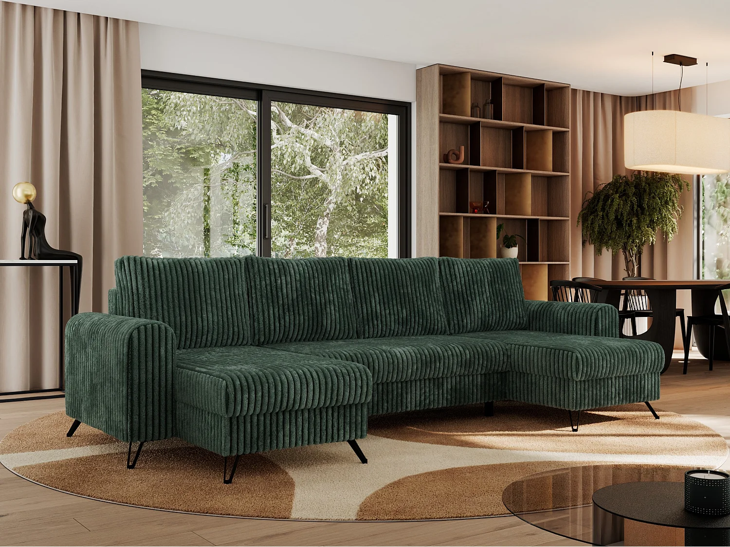 Ecksofa AXEL U, lose kissen, Ecksofa l-förmig, schlaffunktion und Bettkästen - Grün Cord