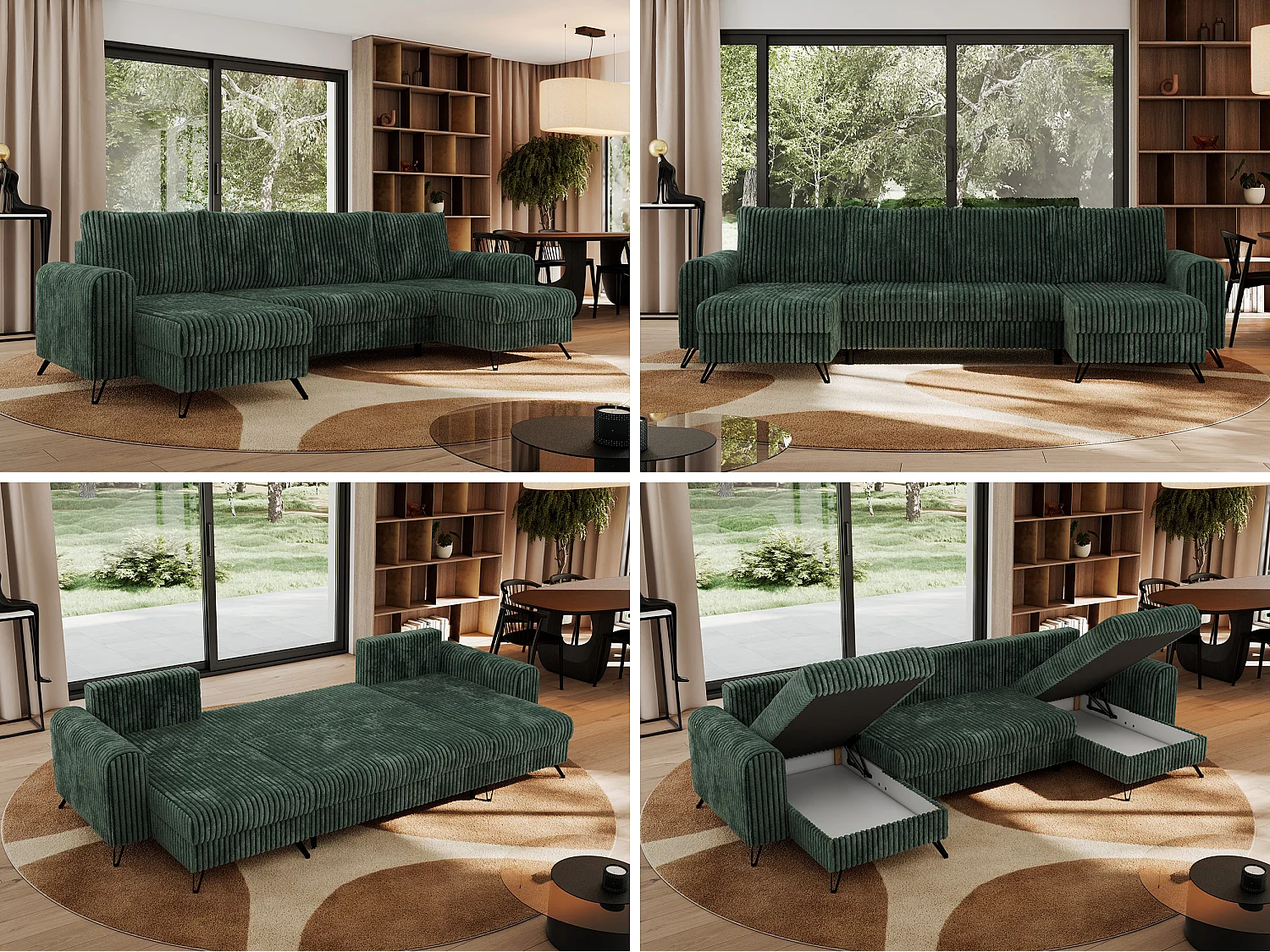 Ecksofa AXEL U, lose kissen, Ecksofa l-förmig, schlaffunktion und Bettkästen - Grün Cord