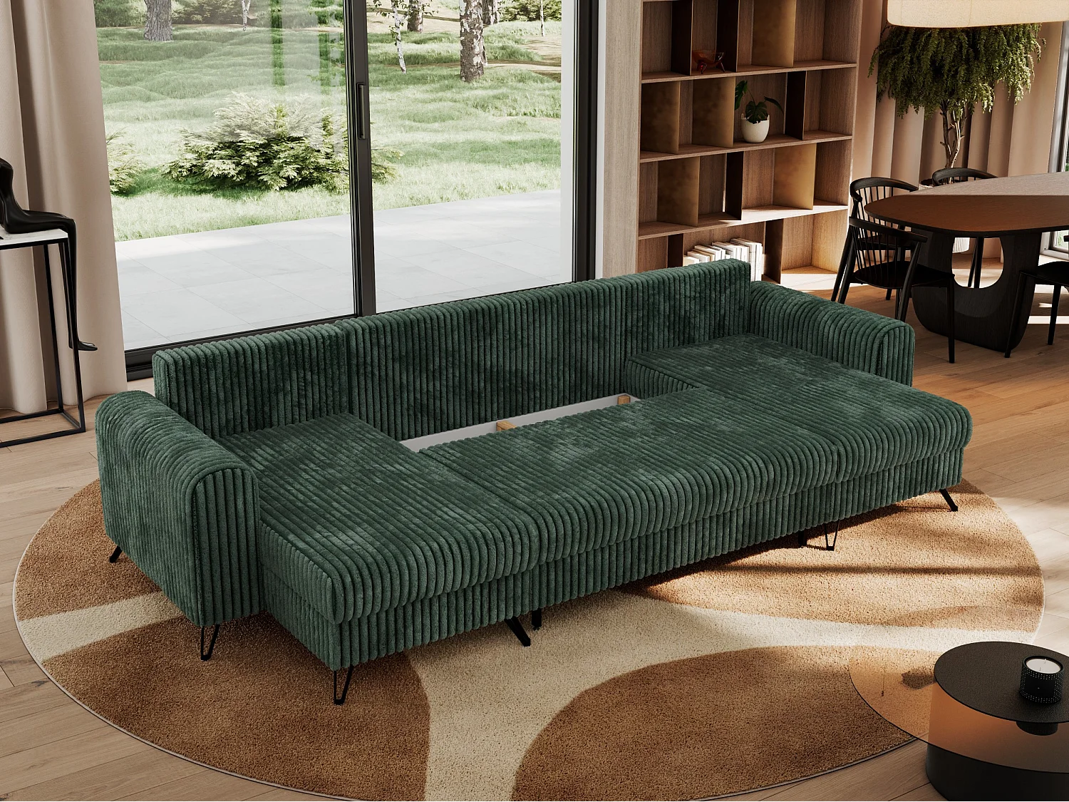 Ecksofa AXEL U, lose kissen, Ecksofa l-förmig, schlaffunktion und Bettkästen - Grün Cord