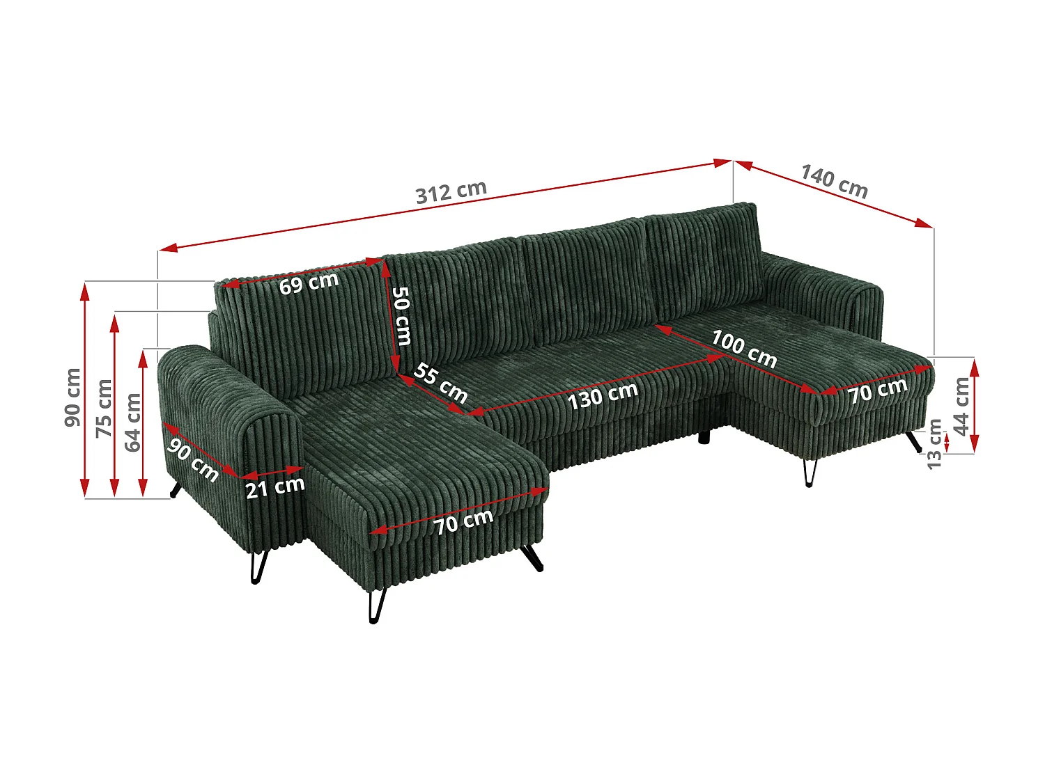 Ecksofa AXEL U, lose kissen, Ecksofa l-förmig, schlaffunktion und Bettkästen - Grün Cord