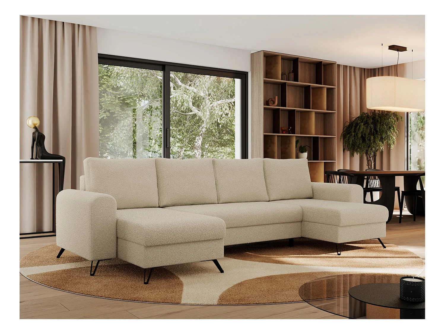 Ecksofa AXEL U, lose kissen, Ecksofa l-förmig, schlaffunktion und Bettkästen - Beige Boucle