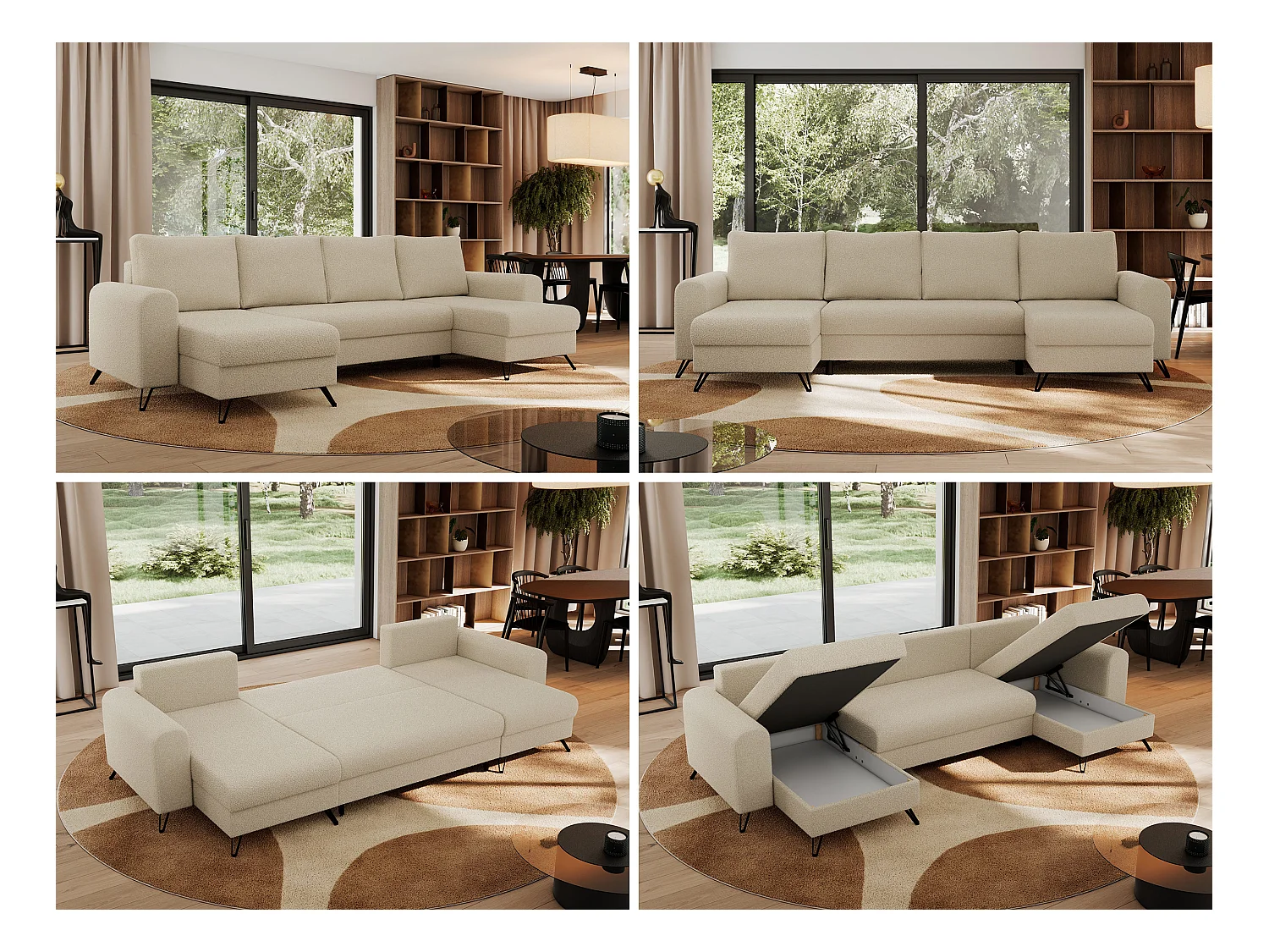 Ecksofa AXEL U, lose kissen, Ecksofa l-förmig, schlaffunktion und Bettkästen - Beige Boucle