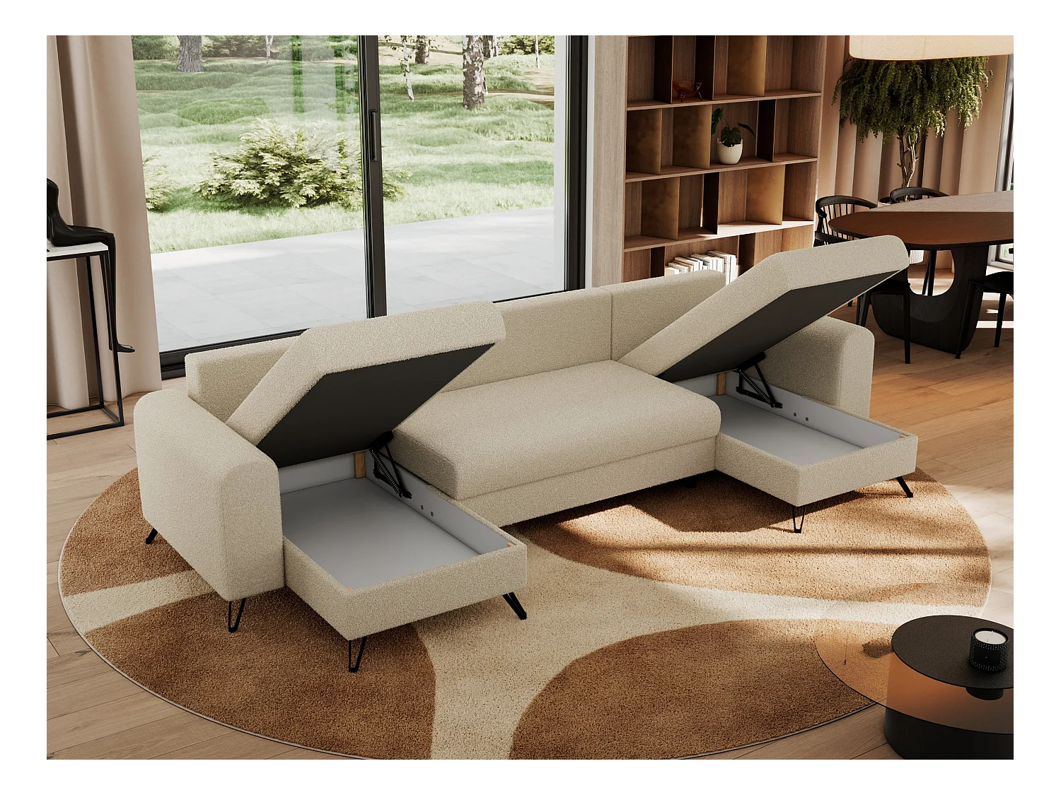 Ecksofa AXEL U, lose kissen, Ecksofa l-förmig, schlaffunktion und Bettkästen - Beige Boucle