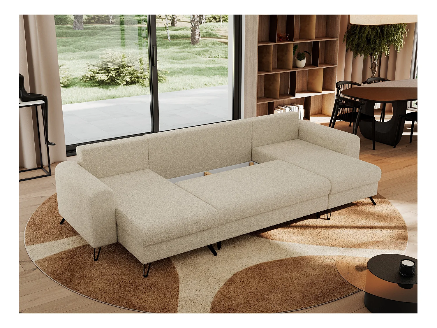 Ecksofa AXEL U, lose kissen, Ecksofa l-förmig, schlaffunktion und Bettkästen - Beige Boucle