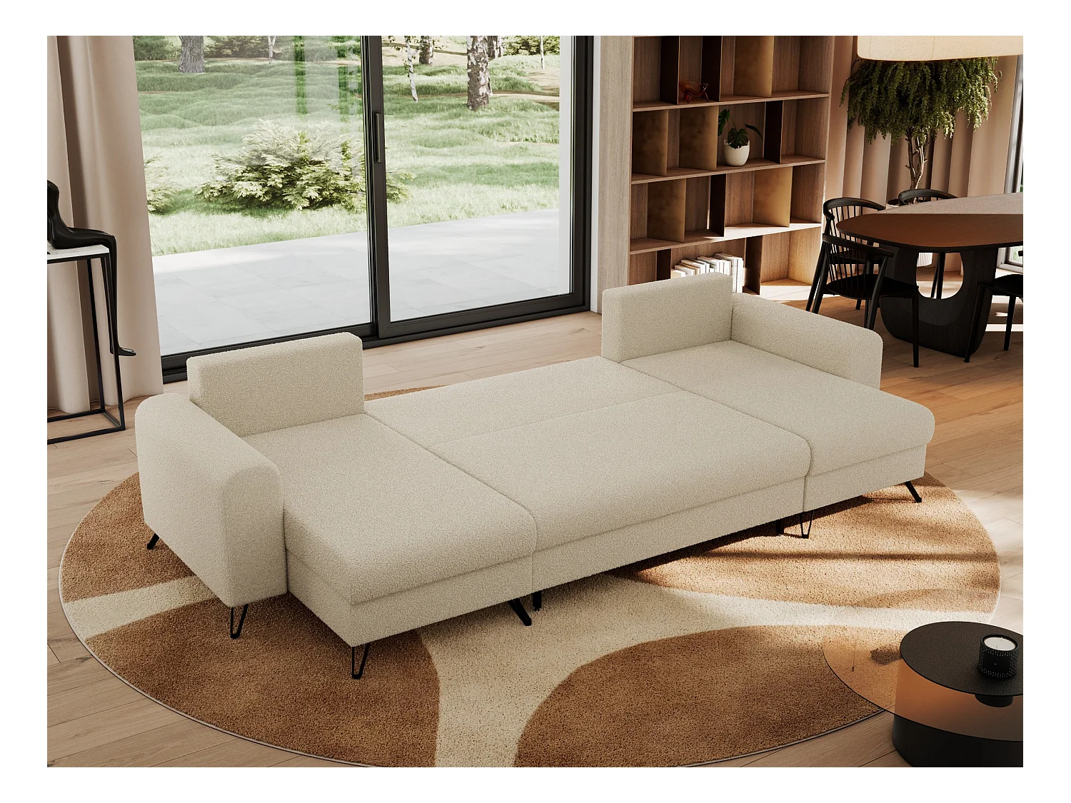 Ecksofa AXEL U, lose kissen, Ecksofa l-förmig, schlaffunktion und Bettkästen - Beige Boucle