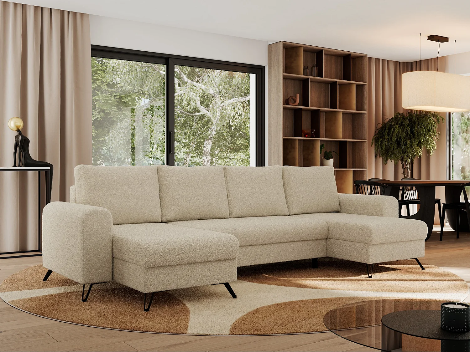 Ecksofa AXEL U, lose kissen, Ecksofa l-förmig, schlaffunktion und Bettkästen - Beige Boucle