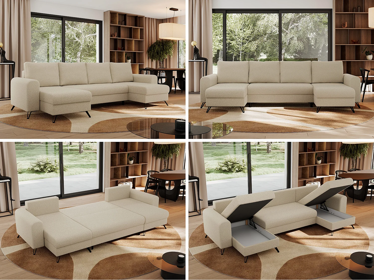 Ecksofa AXEL U, lose kissen, Ecksofa l-förmig, schlaffunktion und Bettkästen - Beige Boucle