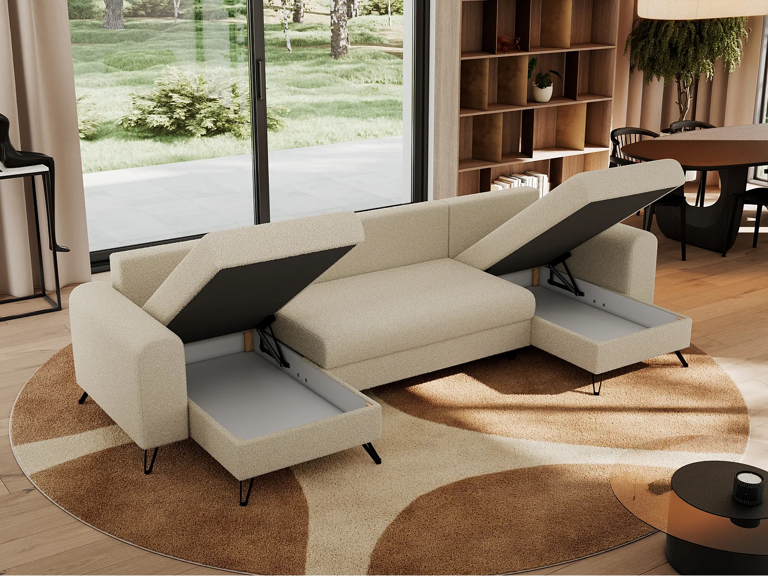 Ecksofa AXEL U, lose kissen, Ecksofa l-förmig, schlaffunktion und Bettkästen - Beige Boucle