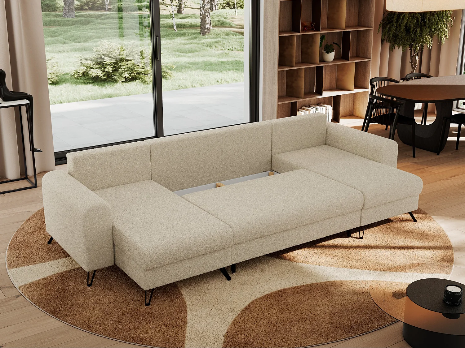 Ecksofa AXEL U, lose kissen, Ecksofa l-förmig, schlaffunktion und Bettkästen - Beige Boucle