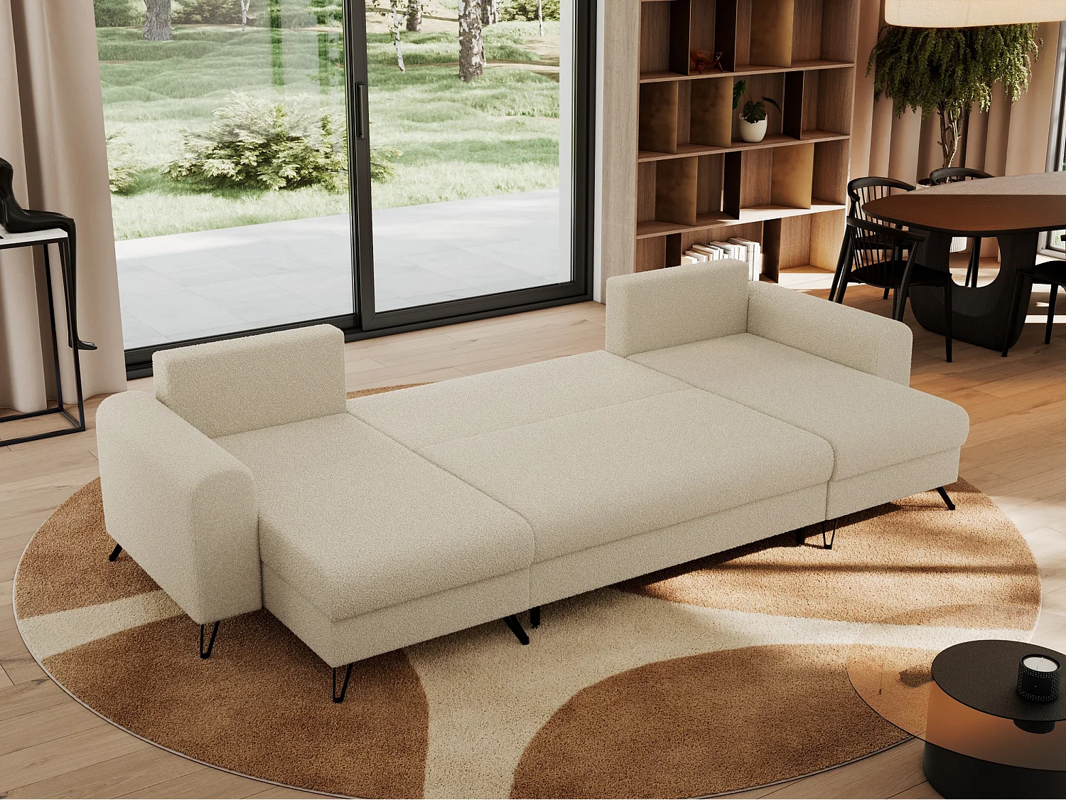 Ecksofa AXEL U, lose kissen, Ecksofa l-förmig, schlaffunktion und Bettkästen - Beige Boucle