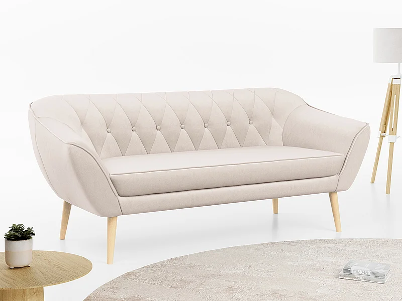 Sofa PIRS - 3-Sitzer Skandinavischer Sofa, mit Armlehnen, Holzbeine - Creme Velvet