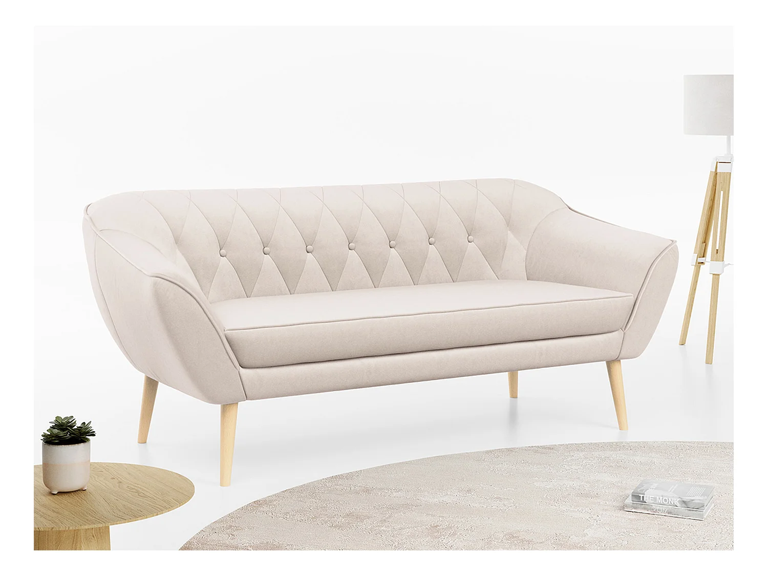 Sofa PIRS - 3-Sitzer Skandinavischer Sofa, mit Armlehnen, Holzbeine - Creme Velvet