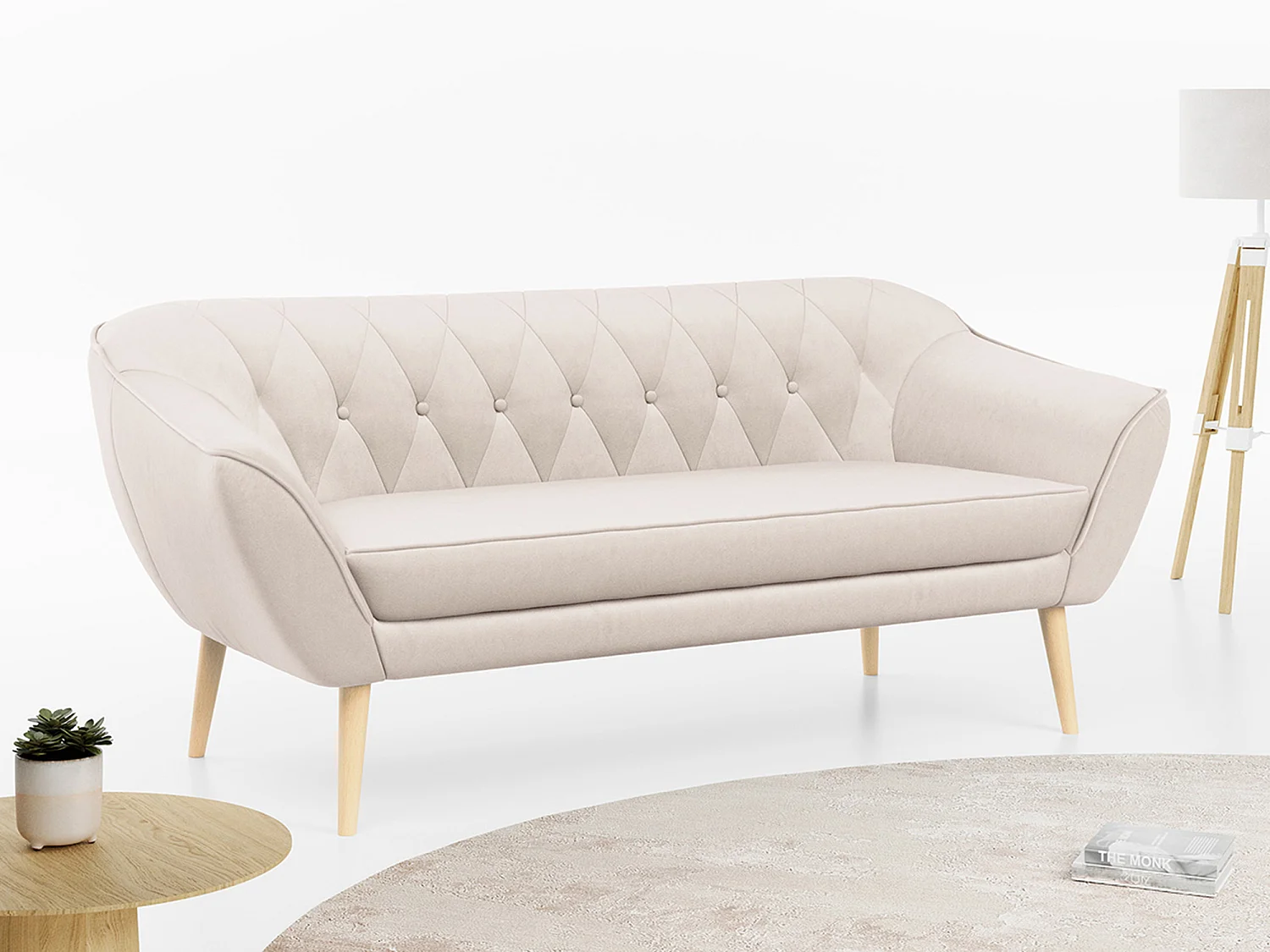 Sofa PIRS - 3-Sitzer Skandinavischer Sofa, mit Armlehnen, Holzbeine - Creme Velvet