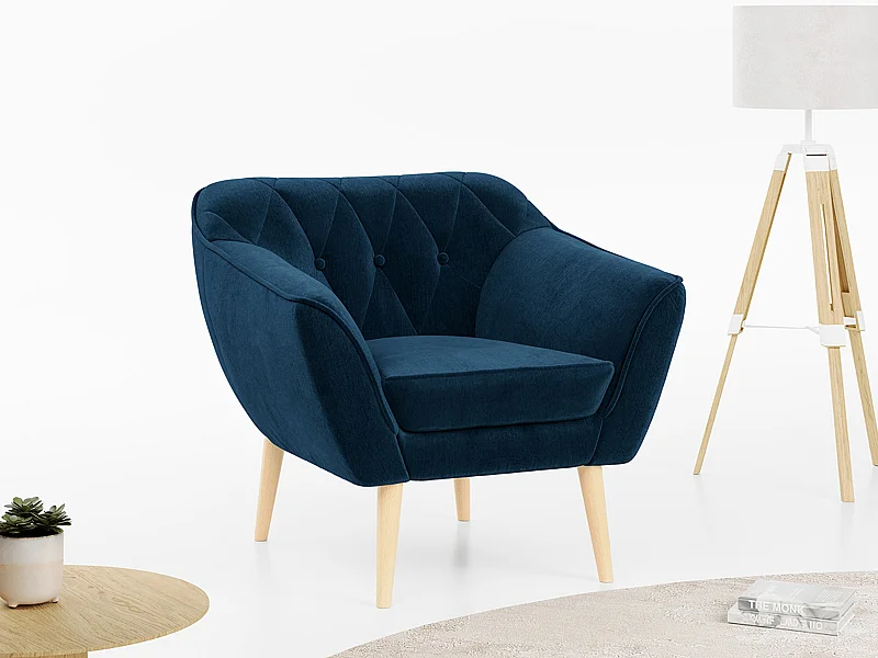 Sessel PIRS - 1-Sitzer, Skandinavisches Design, hoche Holzbeine - Dunkelblau Velvet