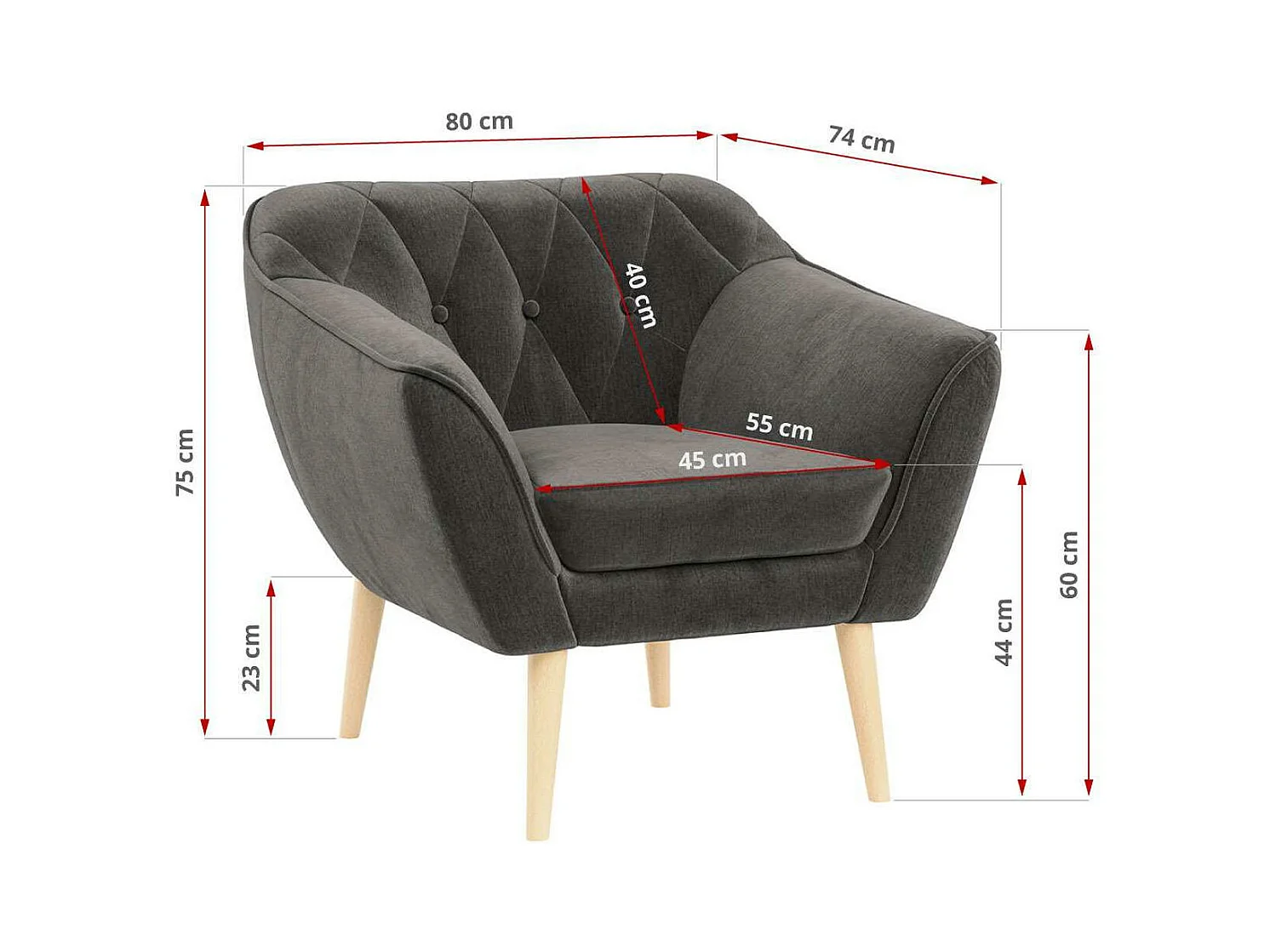 Sessel PIRS - 1-Sitzer, Skandinavisches Design, hoche Holzbeine - Grau Velvet