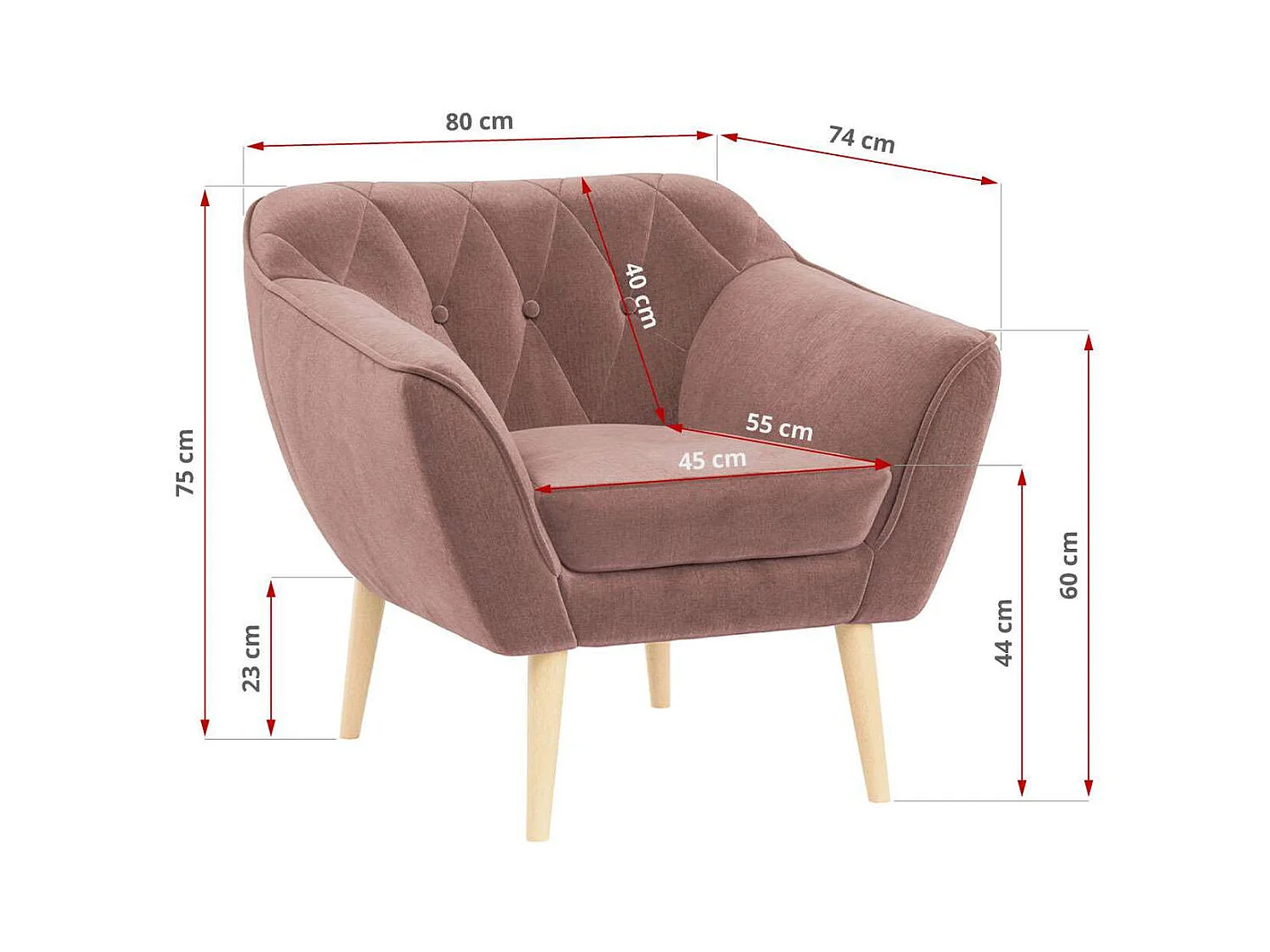 Sessel PIRS - 1-Sitzer, Skandinavisches Design, hoche Holzbeine - Rosa Velvet