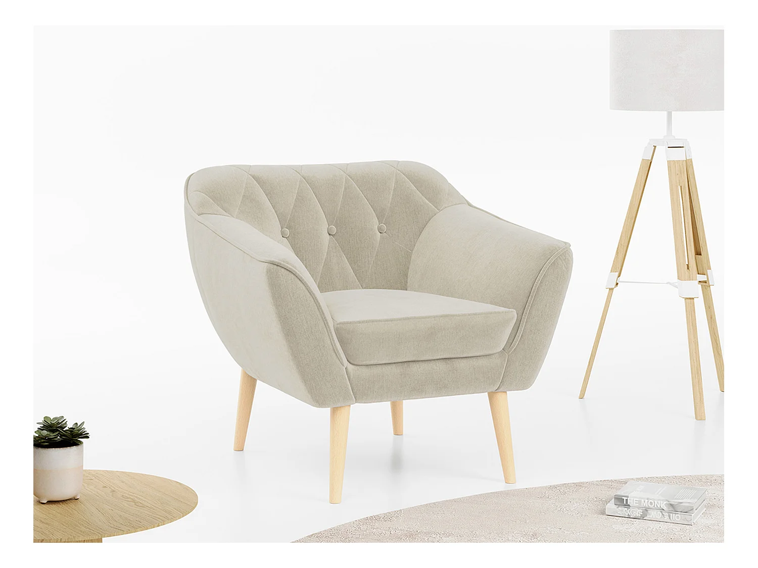 Sessel PIRS - 1-Sitzer, Skandinavisches Design, hoche Holzbeine - Beige Velvet