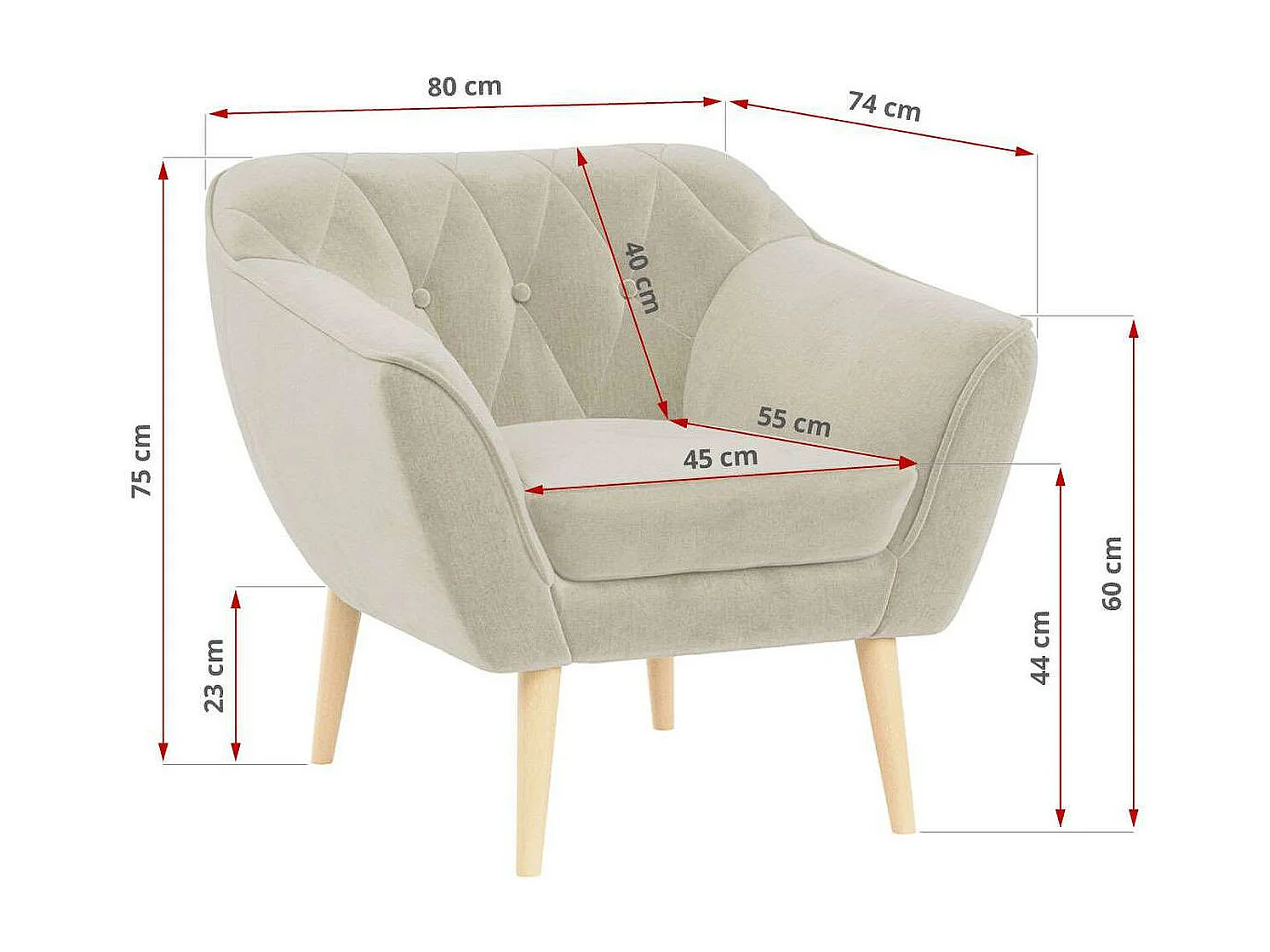 Sessel PIRS - 1-Sitzer, Skandinavisches Design, hoche Holzbeine - Beige Velvet