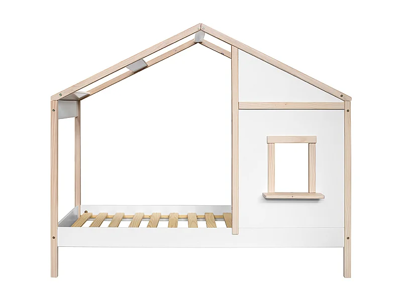 Lit cabane enfant en bois de pin massif coloris blanc, naturel - Hauteur 168,60 x largeur 195,5 x profondeur 96,60 cm