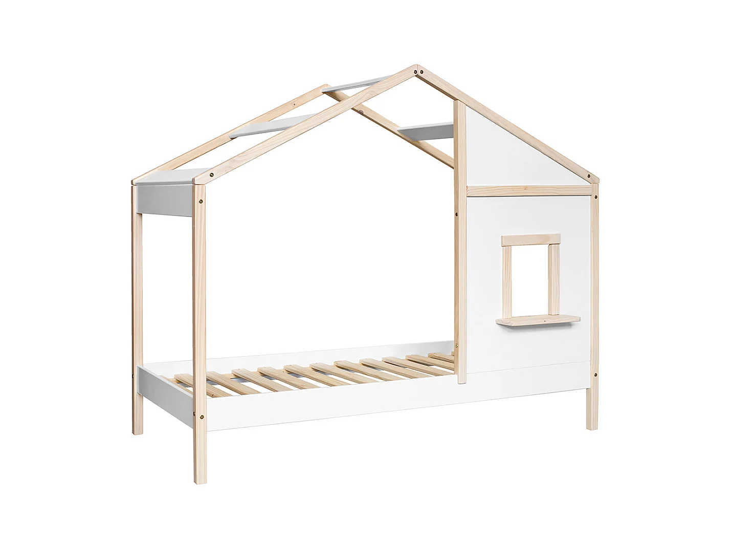 Lit cabane enfant en bois de pin massif coloris blanc, naturel - Hauteur 168,60 x largeur 195,5 x profondeur 96,60 cm