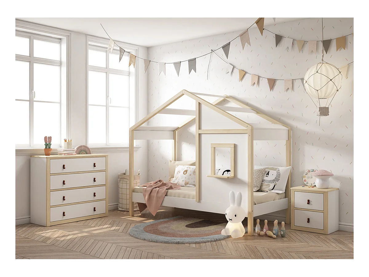 Lit cabane enfant en bois de pin massif coloris blanc, naturel - Hauteur 168,60 x largeur 195,5 x profondeur 96,60 cm