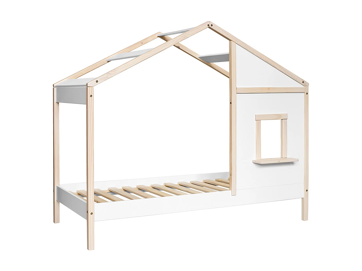Lit cabane enfant en bois de pin massif coloris blanc, naturel - Hauteur 168,60 x largeur 195,5 x profondeur 96,60 cm