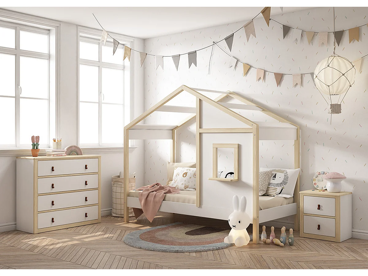 Lit cabane enfant en bois de pin massif coloris blanc, naturel - Hauteur 168,60 x largeur 195,5 x profondeur 96,60 cm