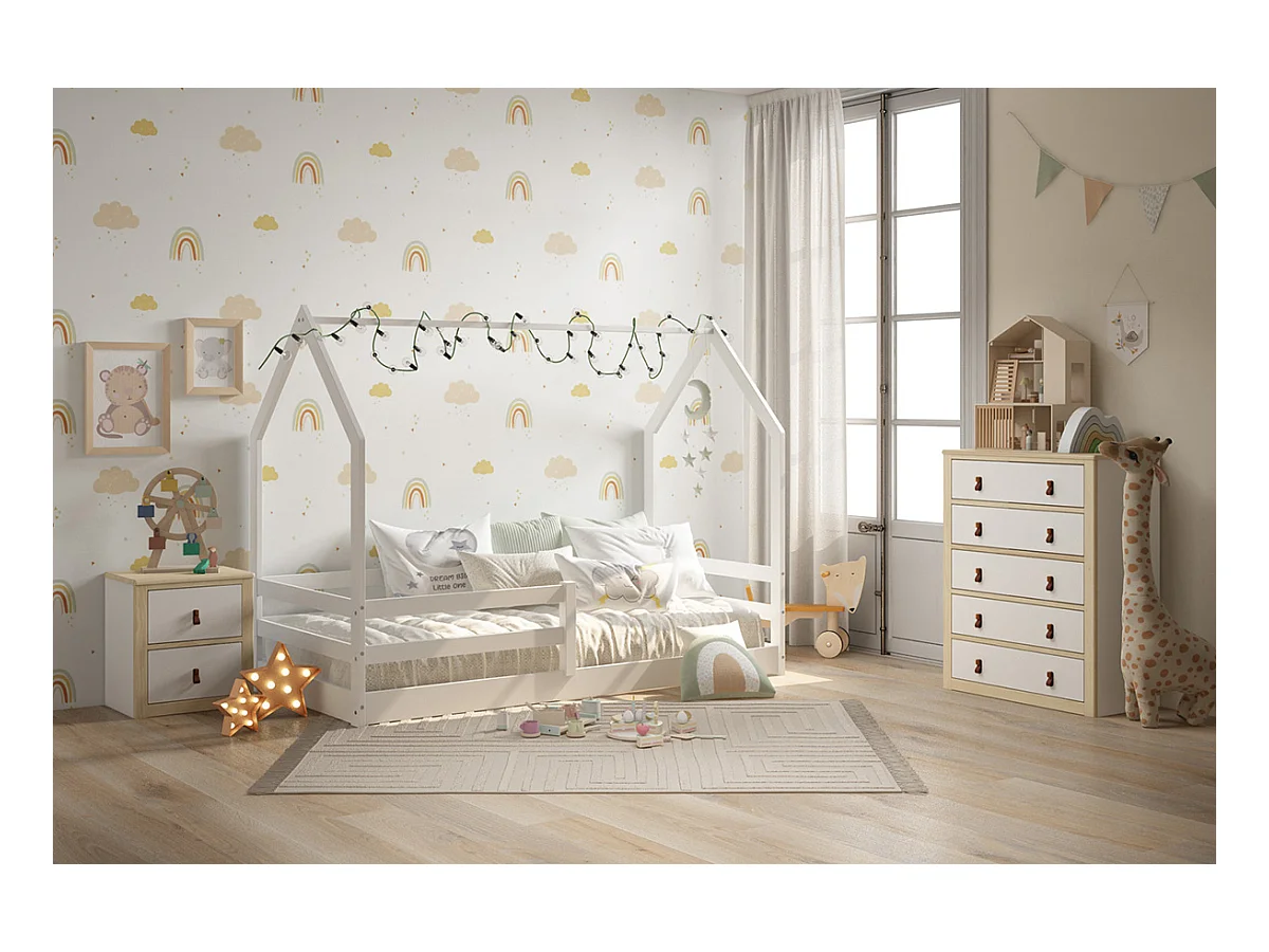 Lit cabane enfant en bois de pin massif coloris blanc - Hauteur 150,3 x largeur 195 x profondeur 96,60 cm