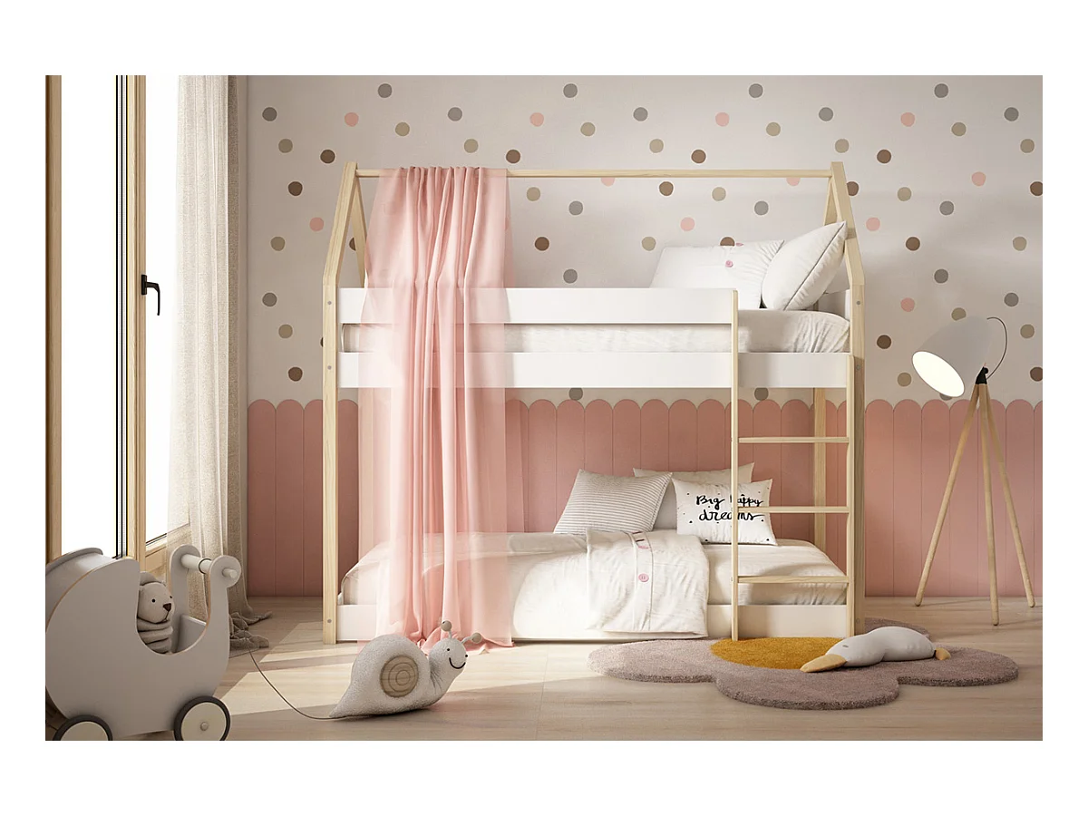 Lit enfant superposé en bois de pin massif coloris blanc, naturel - Hauteur 183,50 x largeur 199,5 x profondeur 96,60 cm