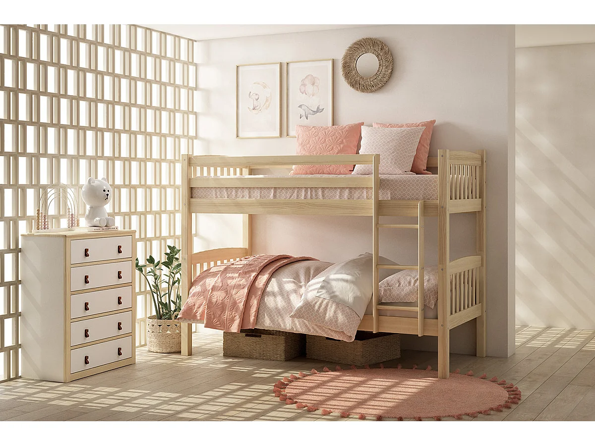 Lit enfant superposé en bois de pin massif coloris naturel - Hauteur 156 x largeur 205 x profondeur 100 cm