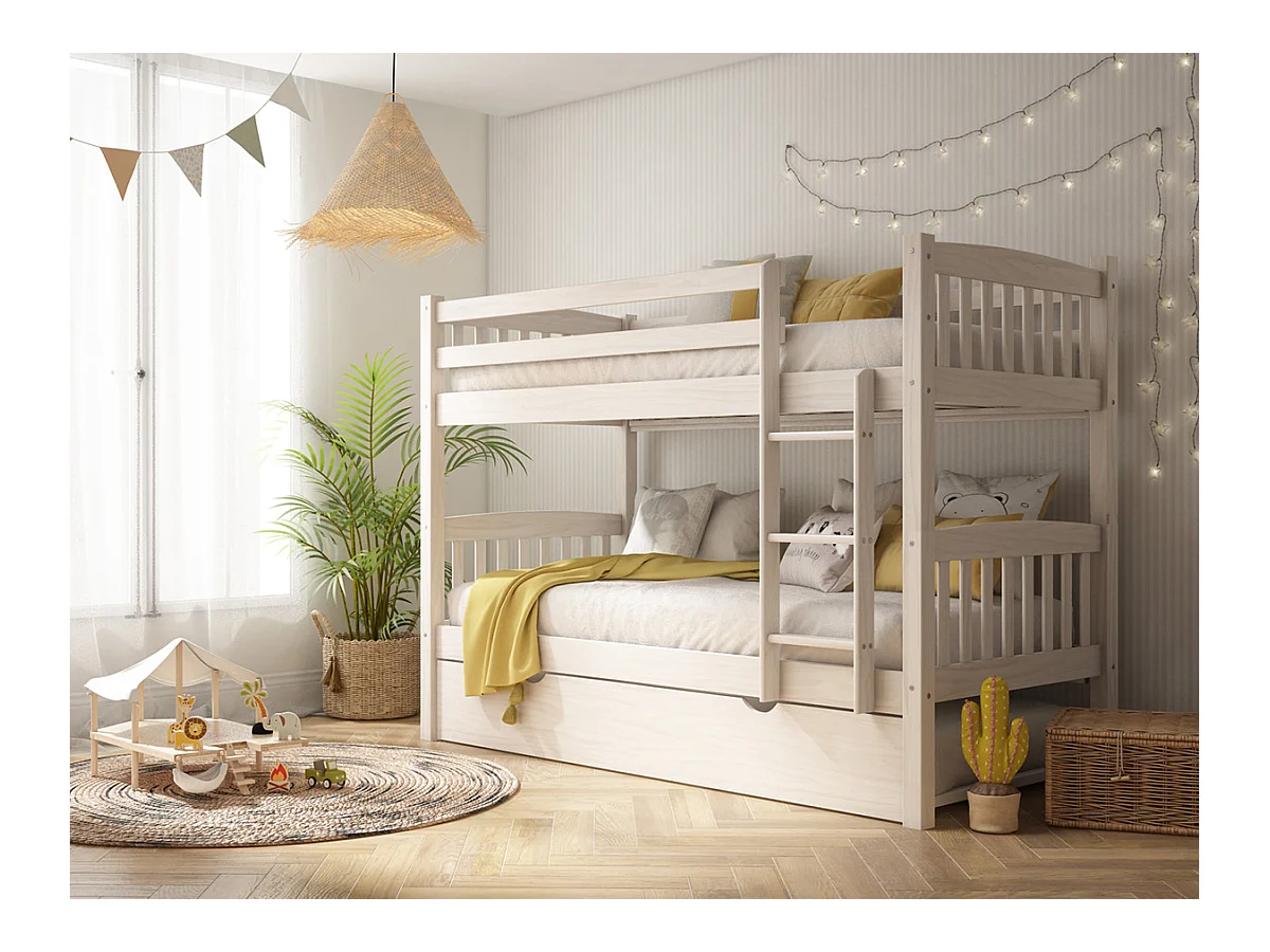 Lit enfant superposé en bois de pin massif coloris lasuré blanc - Hauteur 156 x largeur 205 x profondeur 100 cm