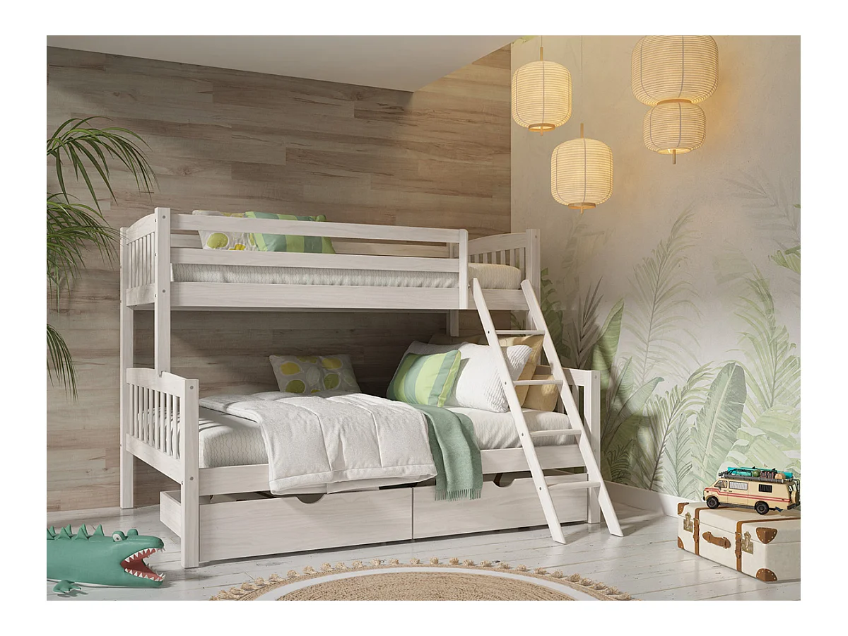 Lit enfant superposé en bois de pin massif coloris lasuré blanc - Hauteur 156 x largeur 205 x profondeur 151 cm