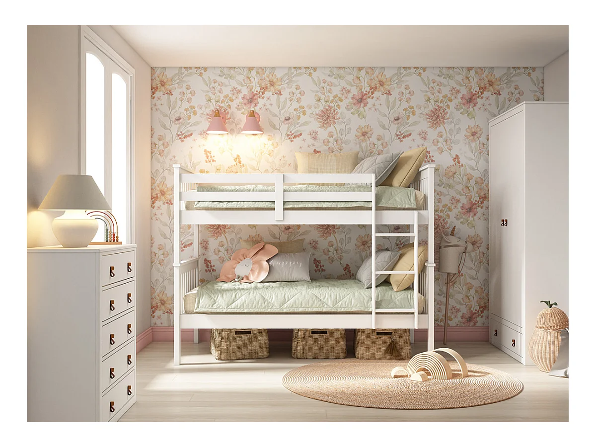 Lit enfant superposé en bois de pin massif coloris blanc - Hauteur 156 x largeur 205 x profondeur 100 cm
