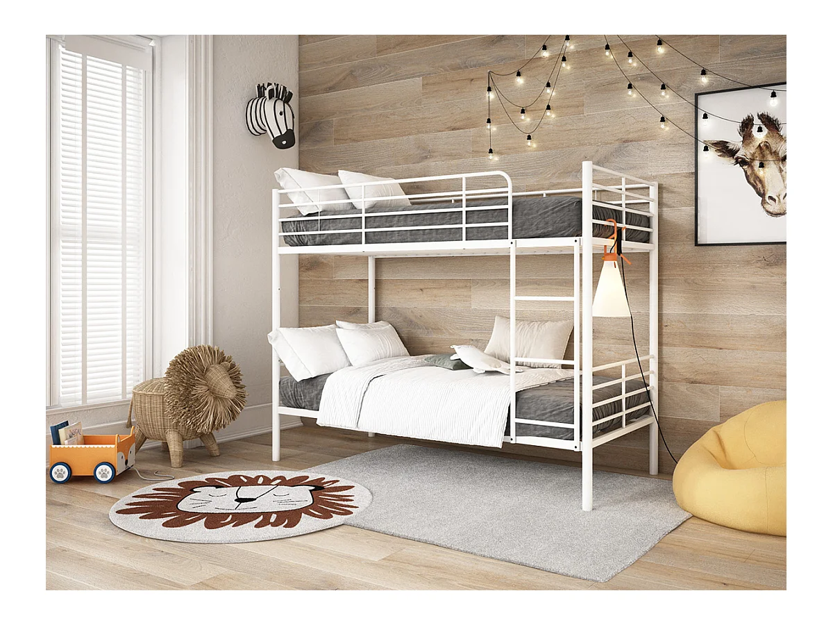 Lit enfant superposé en métal coloris blanc - Hauteur 160 x largeur 199 x profondeur 96,50 cm