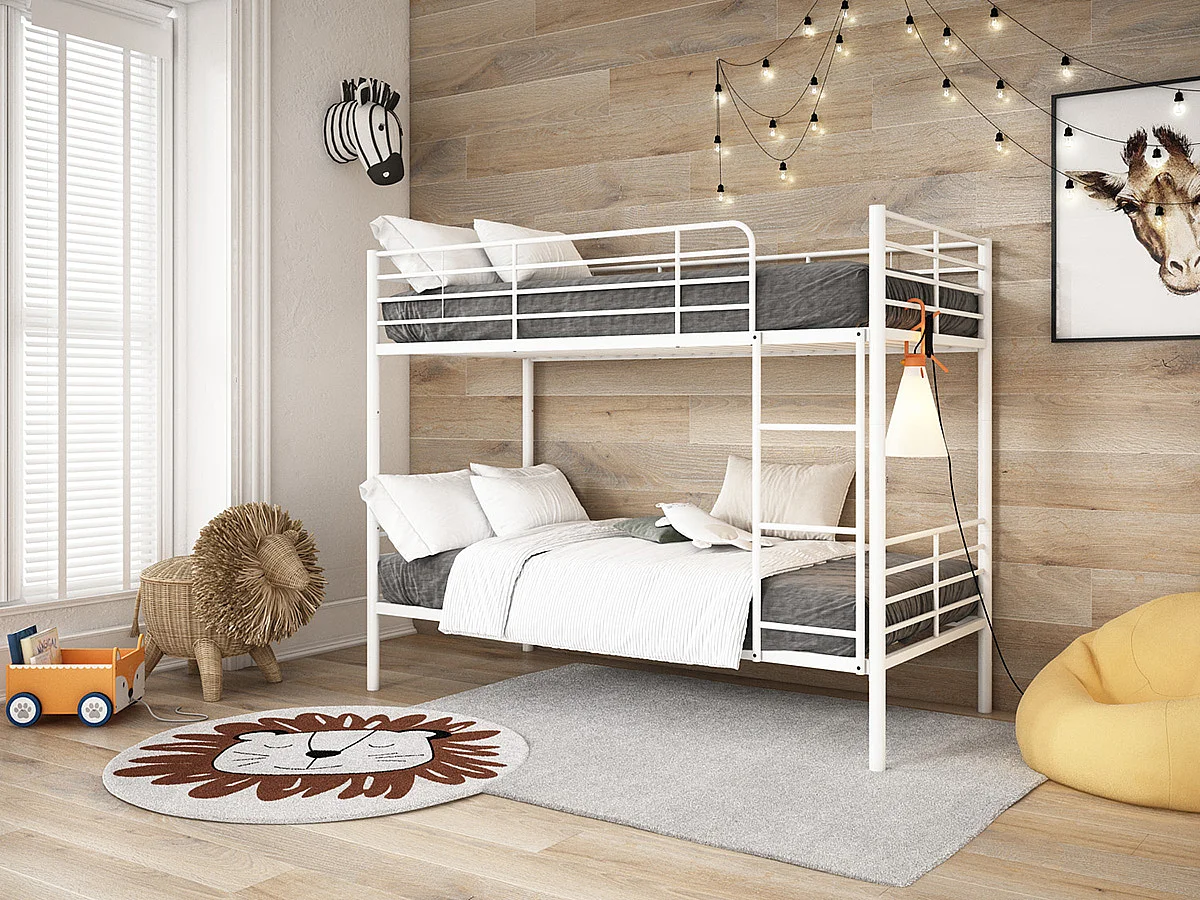 Lit enfant superposé en métal coloris blanc - Hauteur 160 x largeur 199 x profondeur 96,50 cm
