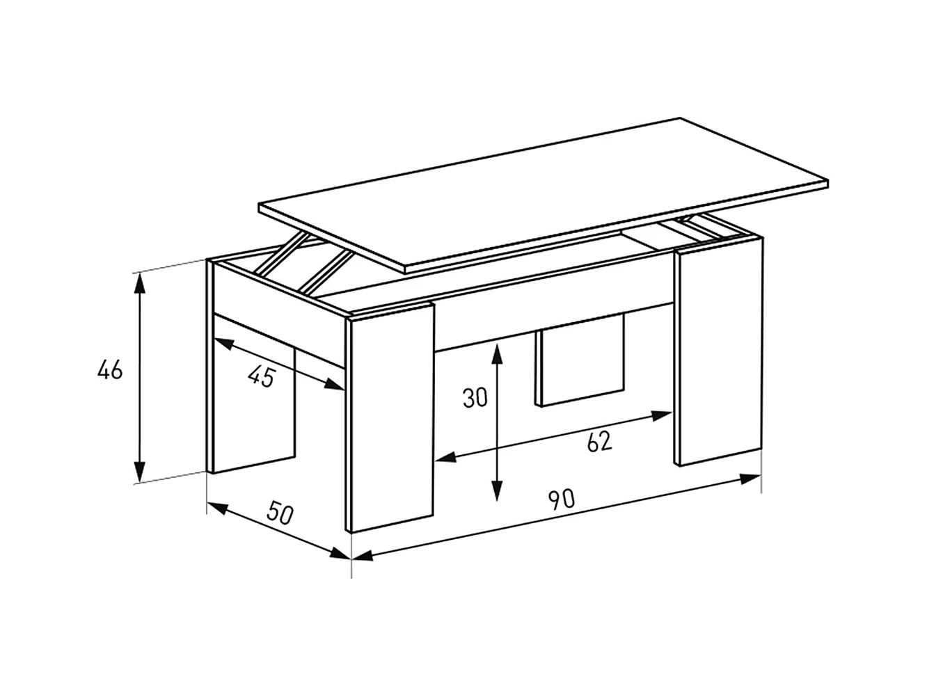 Table basse, table de salon relevable coloris Chêne cambrian - Longueur 90 x Profondeur 50 x Hauteur 46 cm