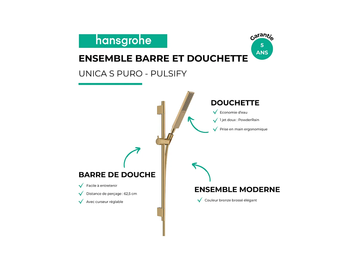 Ensemble barre de douche HANSGROHE Unica S Puro + Flexible + Pommeau de douche Pulsify E Bronze Brossé