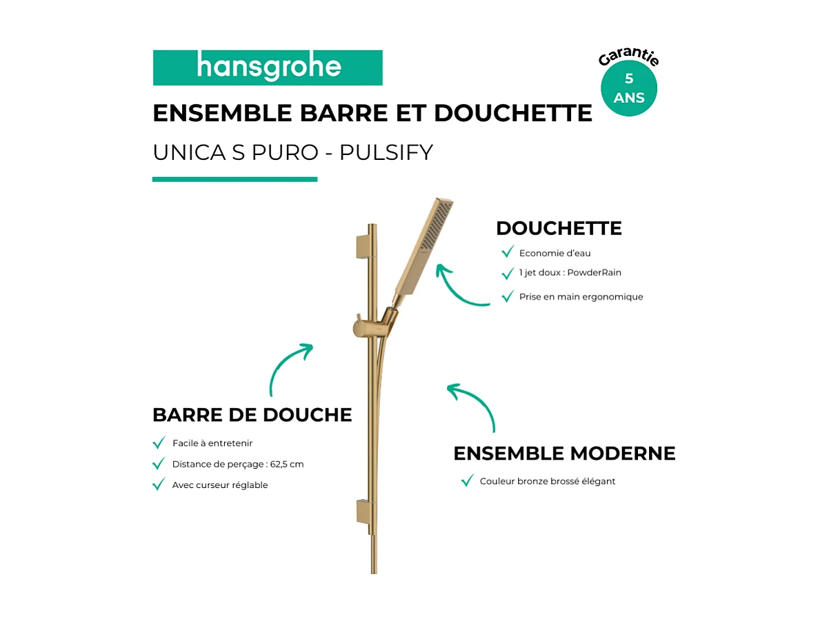 Ensemble barre de douche HANSGROHE Unica S Puro + Flexible + Pommeau de douche Pulsify E Bronze Brossé