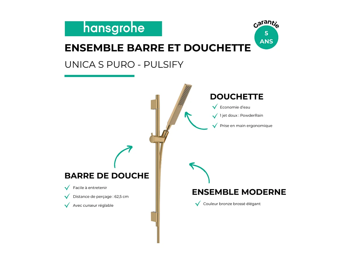 Ensemble barre de douche HANSGROHE Unica S Puro + Flexible + Pommeau de douche Pulsify E Bronze Brossé