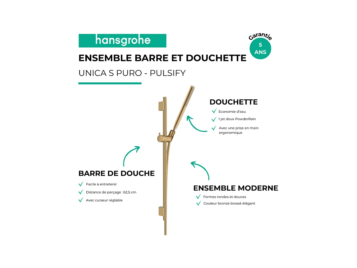 Ensemble barre de douche HANSGROHE Unica S Puro + Flexible + Pommeau de douche Pulsify S Bronze Brossé