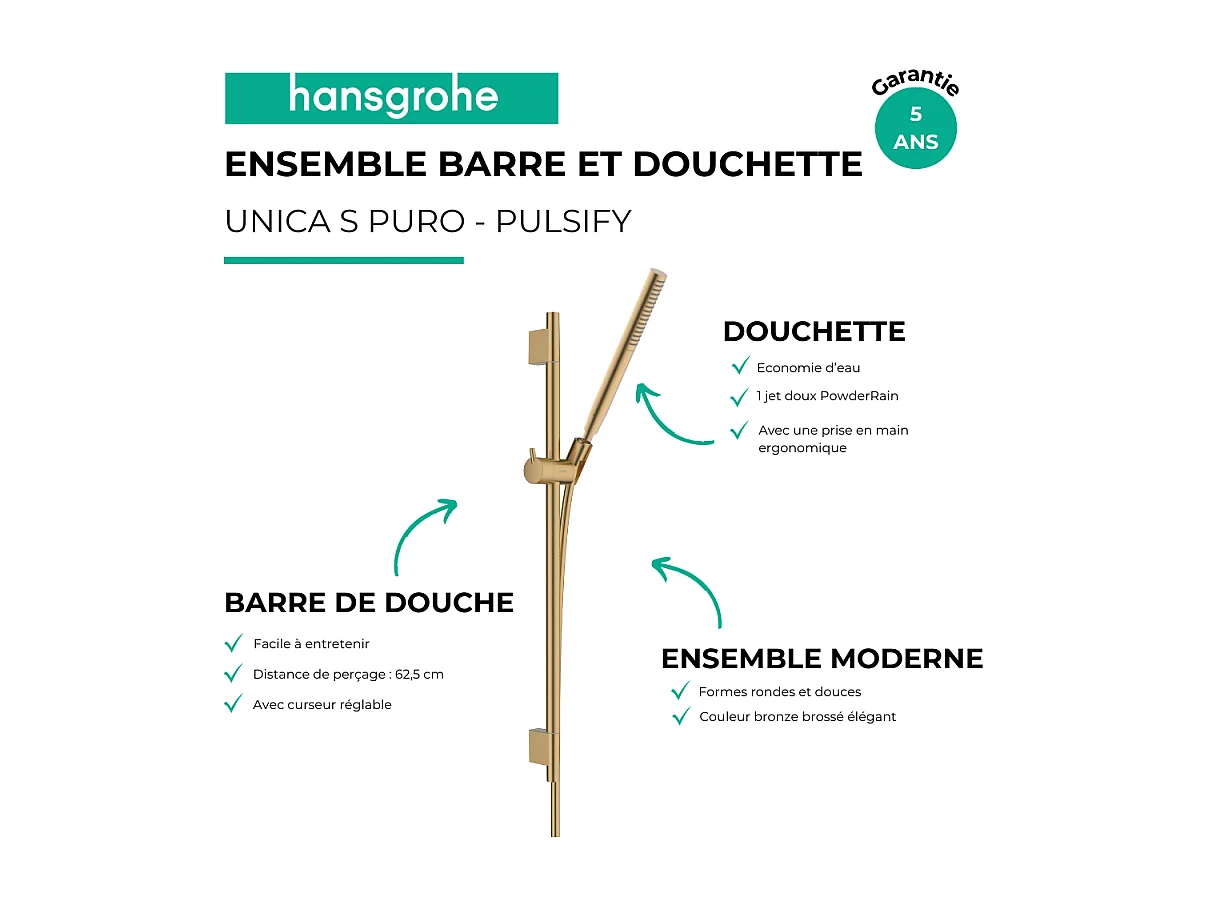 Ensemble barre de douche HANSGROHE Unica S Puro + Flexible + Pommeau de douche Pulsify S Bronze Brossé