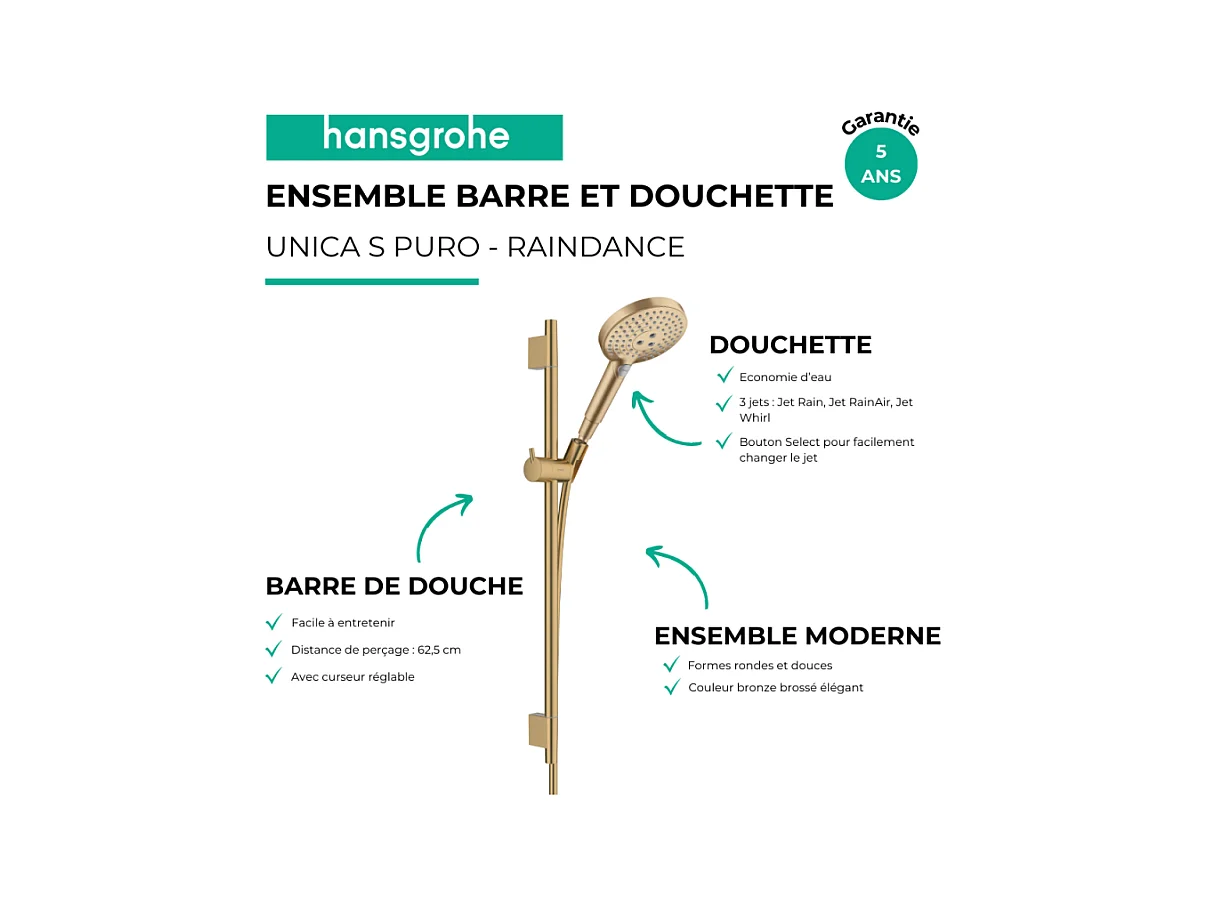 Ensemble barre de douche HANSGROHE Unica S Puro + Flexible + Pommeau de douche Raindance Select S Bronze Brossé