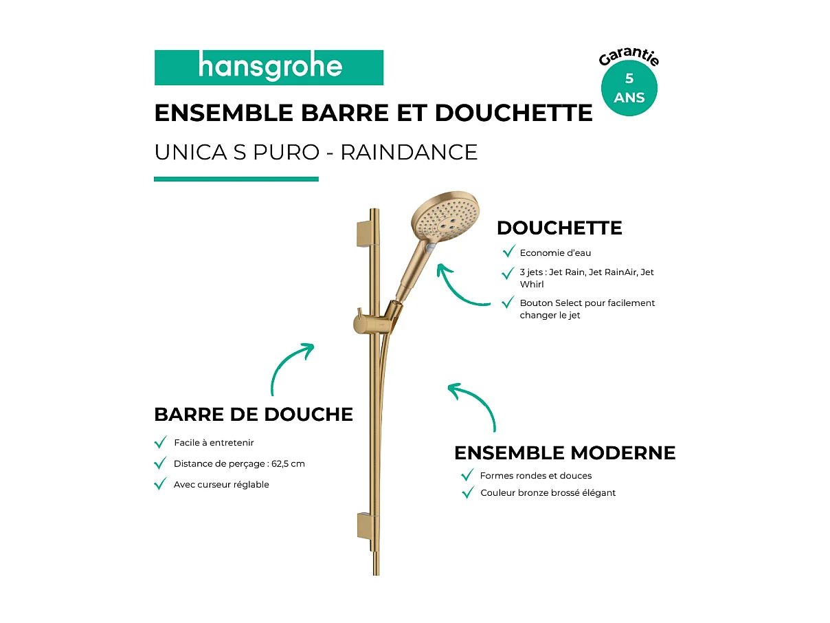 Ensemble barre de douche HANSGROHE Unica S Puro + Flexible + Pommeau de douche Raindance Select S Bronze Brossé