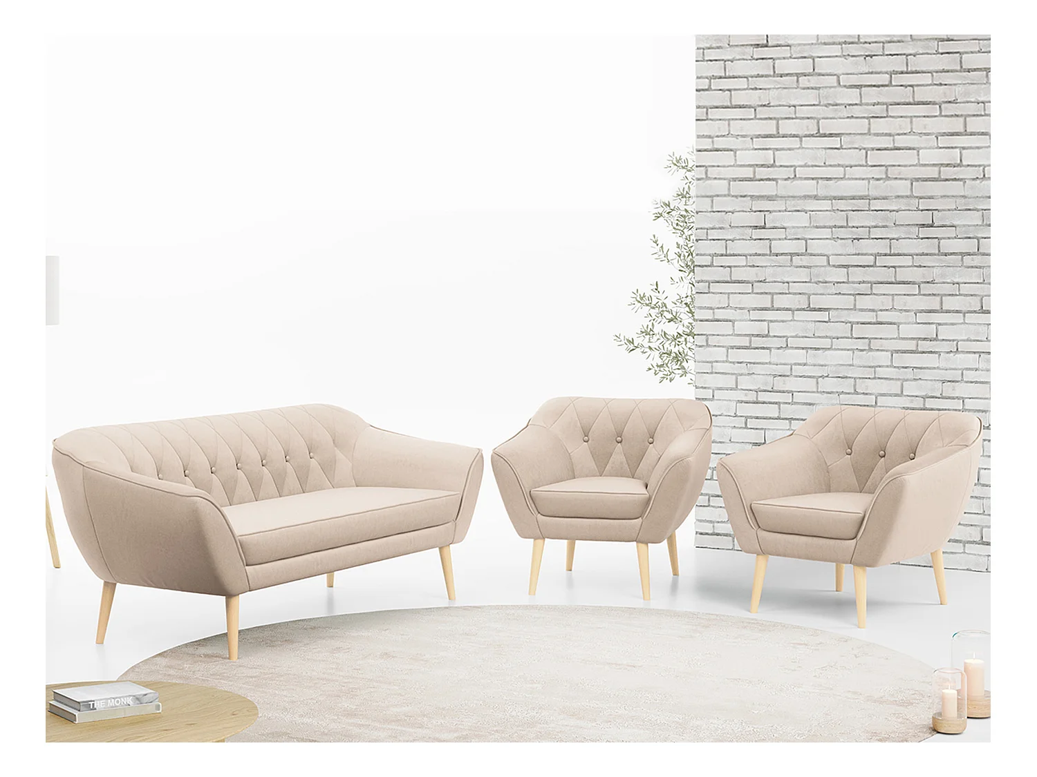 Couchgarnitur PIRS - 3+1+1, Armlehnen,Skandinavischer Design, 3-Sitzer Sofa mi Sesseln - Beige Velvet
