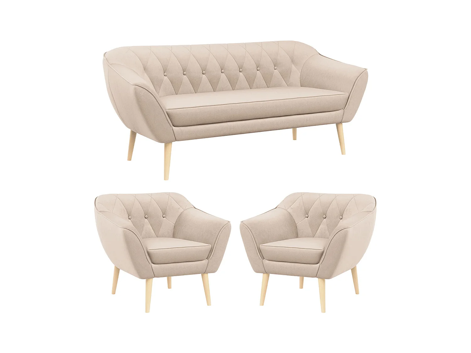 Couchgarnitur PIRS - 3+1+1, Armlehnen,Skandinavischer Design, 3-Sitzer Sofa mi Sesseln - Beige Velvet