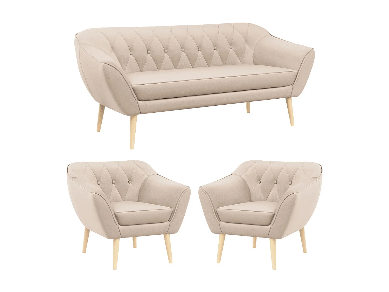Couchgarnitur PIRS - 3+1+1, Armlehnen,Skandinavischer Design, 3-Sitzer Sofa mi Sesseln - Beige Velvet
