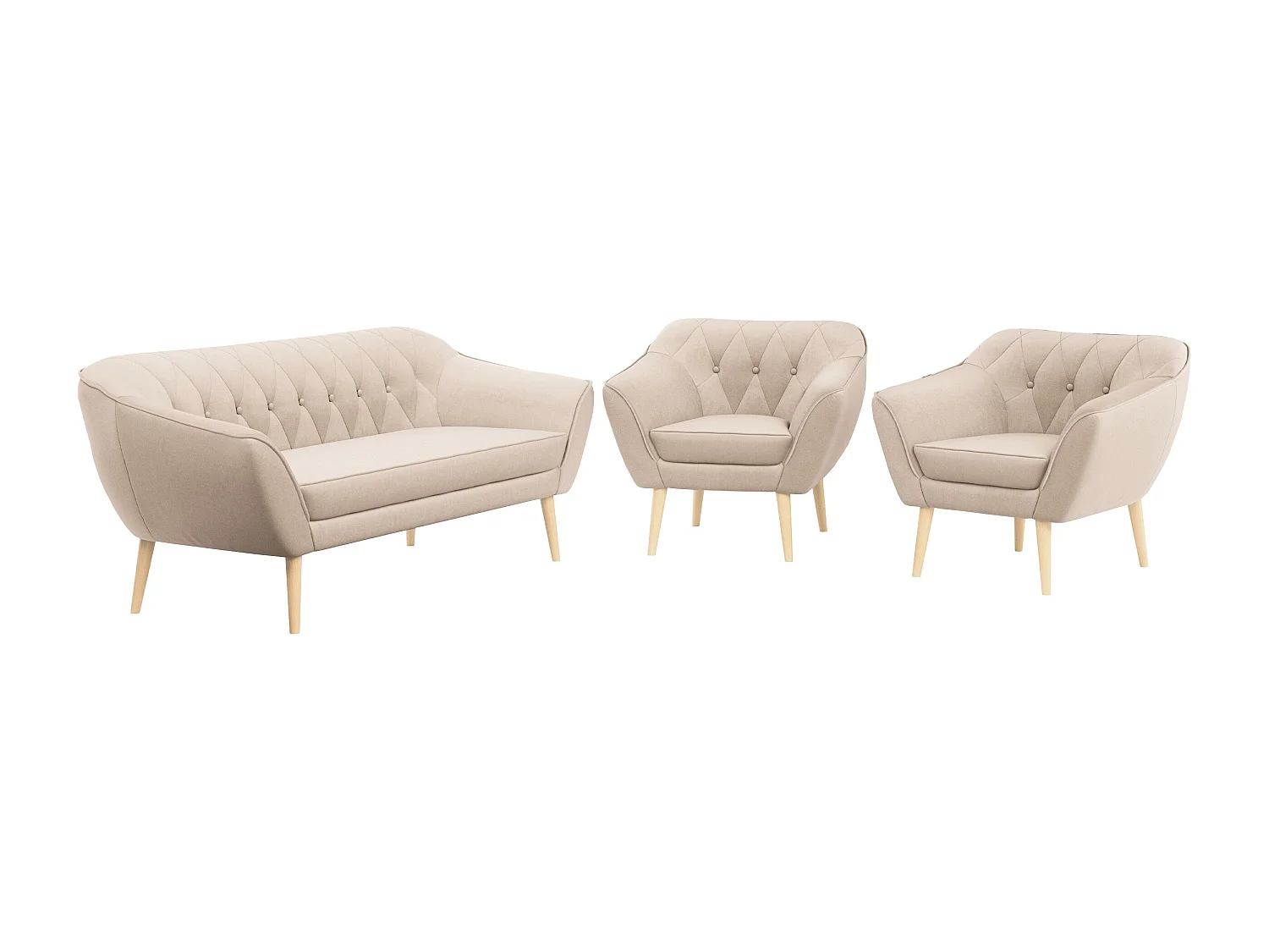 Couchgarnitur PIRS - 3+1+1, Armlehnen,Skandinavischer Design, 3-Sitzer Sofa mi Sesseln - Beige Velvet