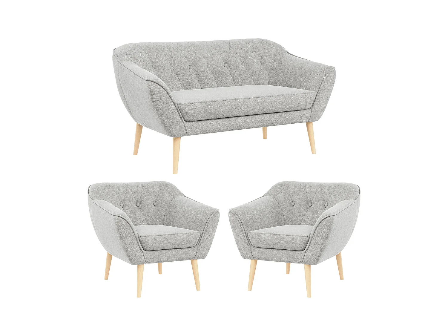 Sofagarnitur PIRS - 2+1+1, Sofa mit Sesseln, Skandinavischer Design, Armlehnen - Hellgrau Stukture